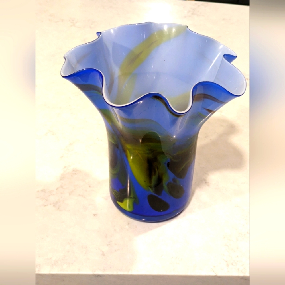 Vintage 9" Tall x 8.5" Diameter Glass Vase Blue/Green Unmarked Used Excellent Co